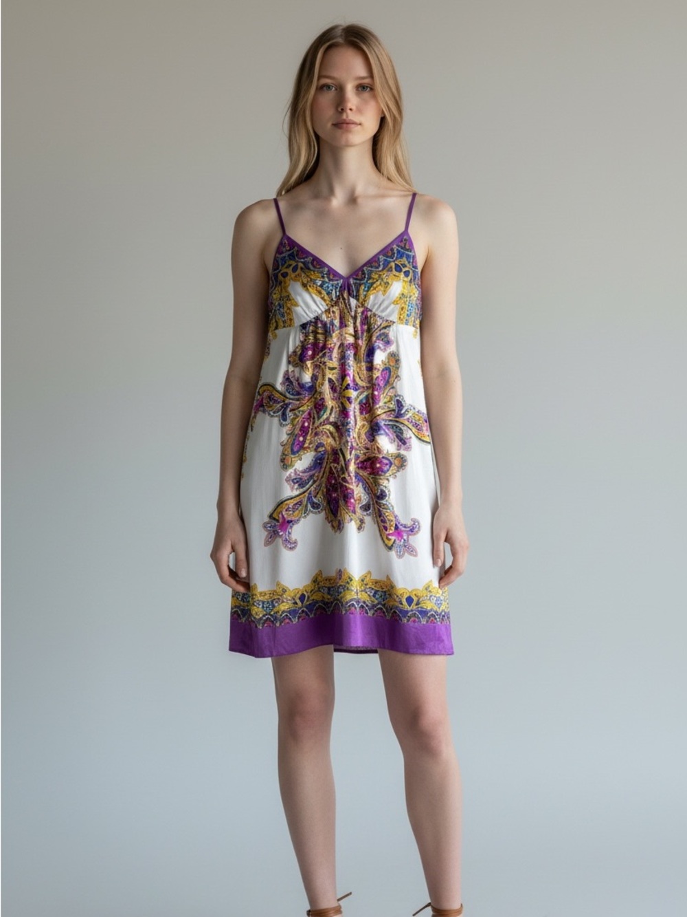 ECI New York Silk Blend mini slip Dress Sz 2 Purple Paisley Boho Y2K Colorful